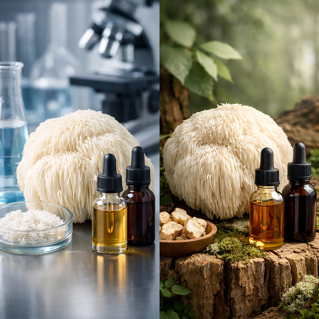 Soplówka jeżowata oraz buteleczki z ekstraktami w estetyce laboratorium i natury